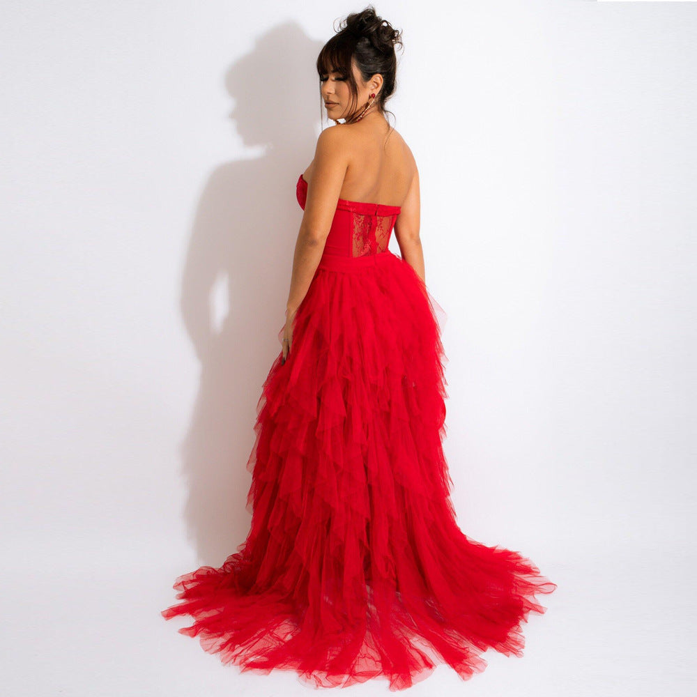 Strapless Lace Corset Tulle Dress with Slit - Chiccharm