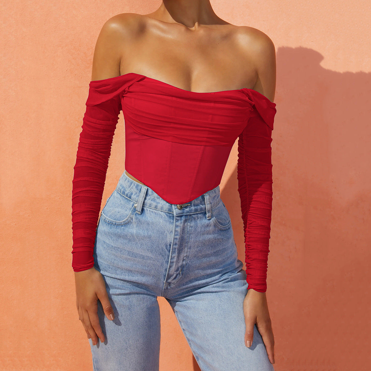 Off-Shoulder Ruched Long Sleeve Top