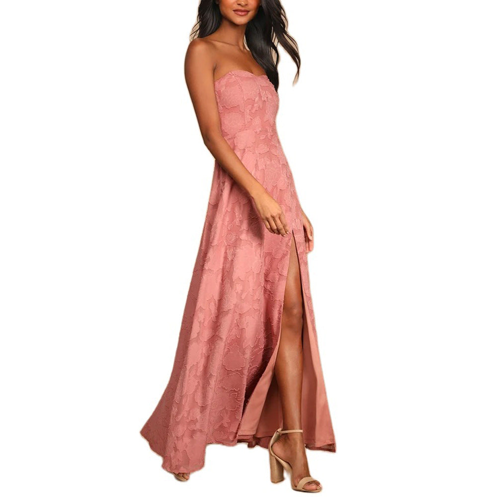 Strapless Embroidery Dress with Front Slit - Chiccharm