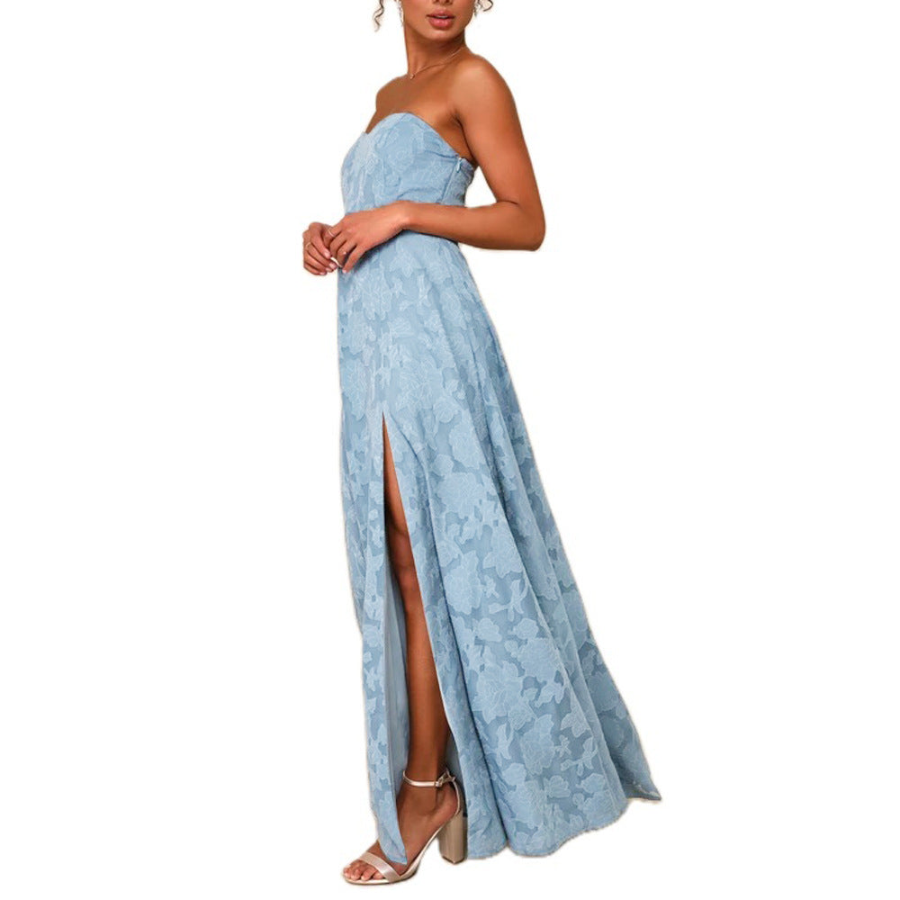 Strapless Embroidery Dress with Front Slit - Chiccharm