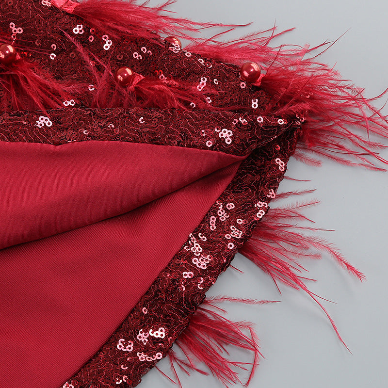 One-Shoulder Red Sequin Feather Mini Dress