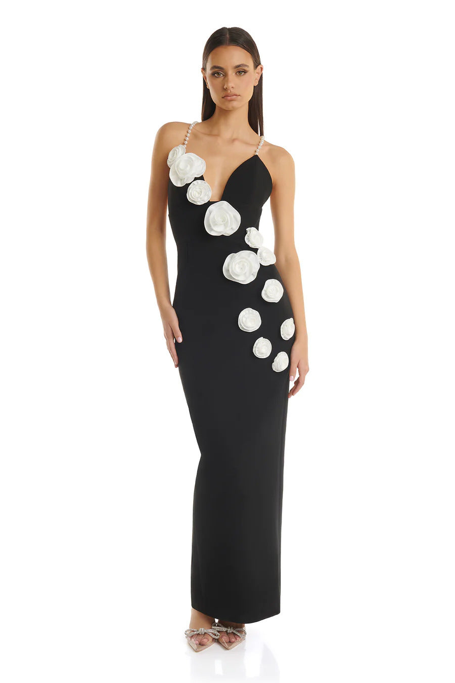 Pearl Suspender Flowers Slit Dress