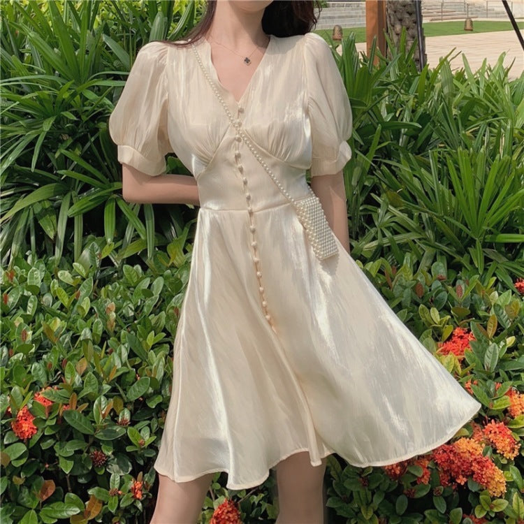 Puff-Sleeve Buttoned A-Line Dress - Chiccharm