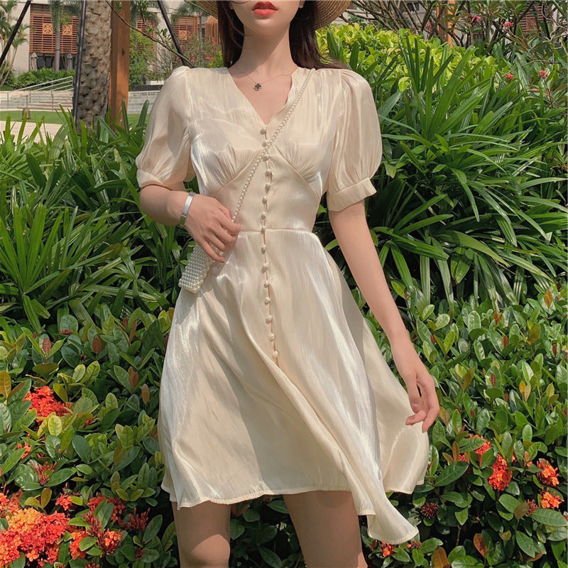 Puff-Sleeve Buttoned A-Line Dress - Chiccharm