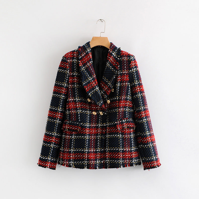 Double-Breasted Plaid Tweed Jacket