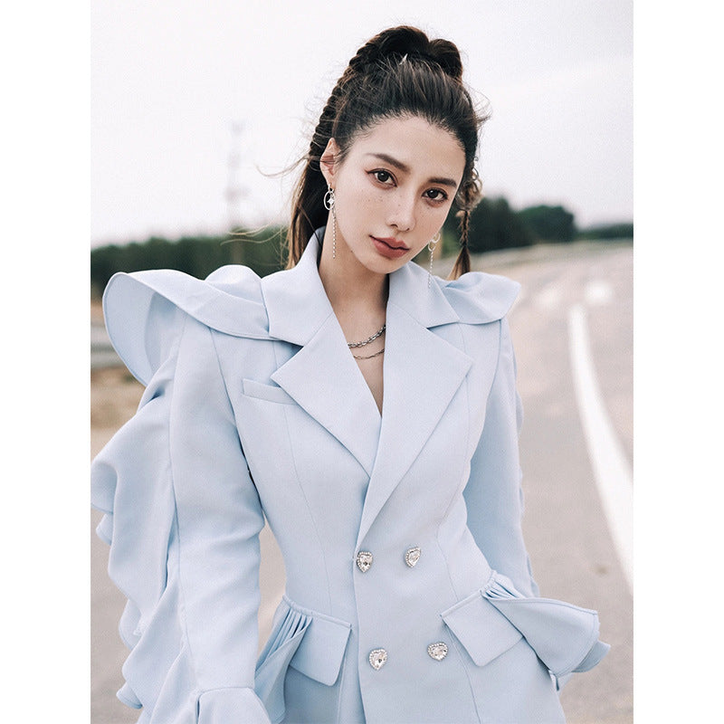 Statement Ruffle-Sleeve Double-Breasted Blazer Dress - Chiccharm