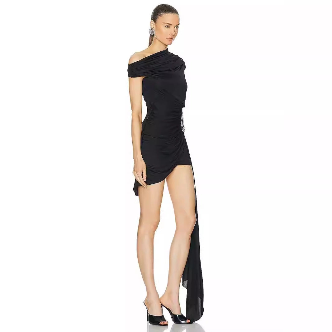 One-Shoulder Ruched Mini Dress with Embellishment - Chiccharm