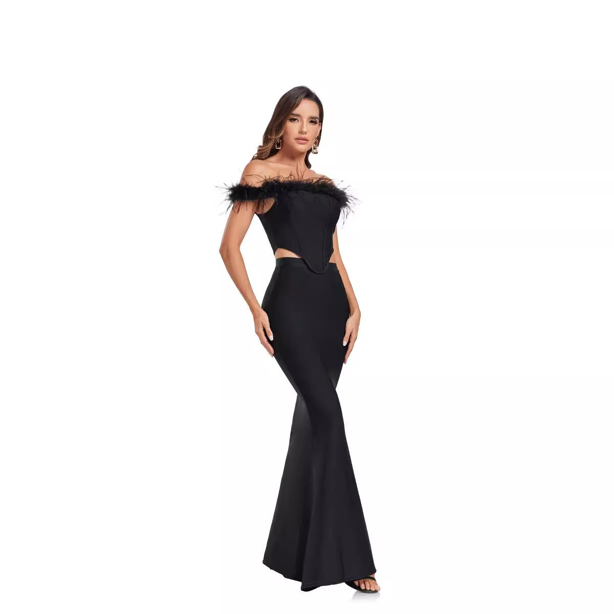 Feather Trim Corset Gown Set