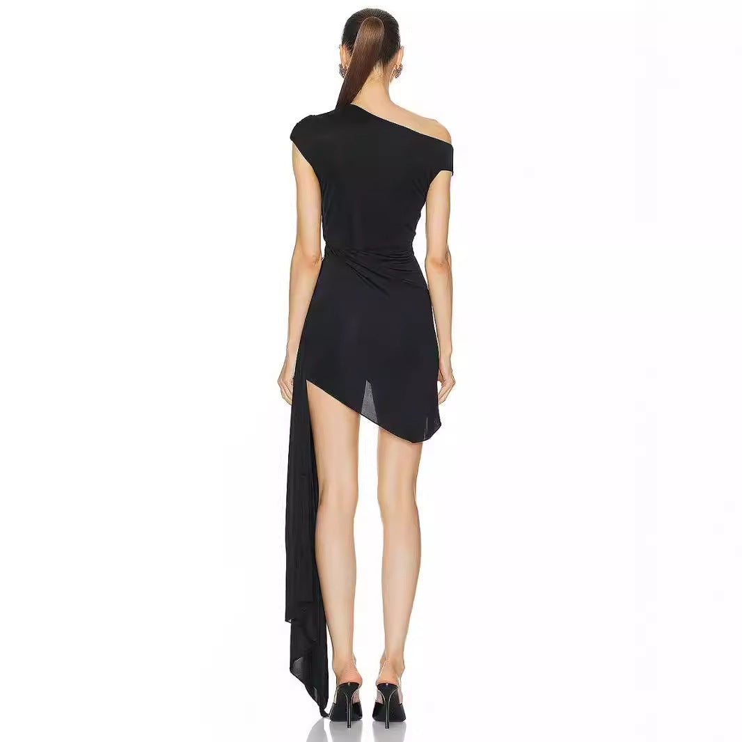 One-Shoulder Ruched Mini Dress with Embellishment - Chiccharm