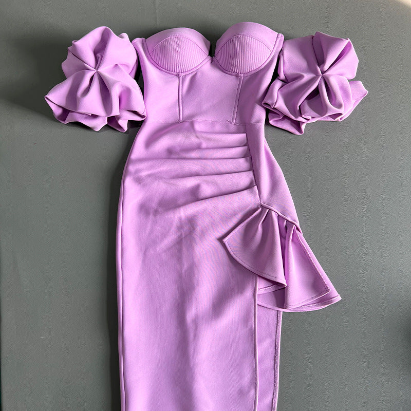 Off-Shoulder Ruched Midi Dress with Statement Sleeves - Chiccharm