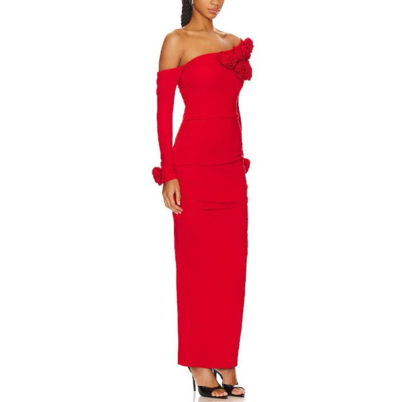3D Flower Long Sleeved Red Dress