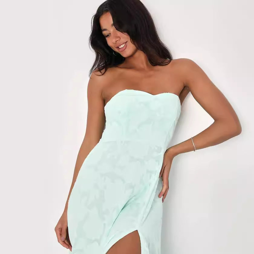 Strapless Embroidery Dress with Front Slit - Chiccharm