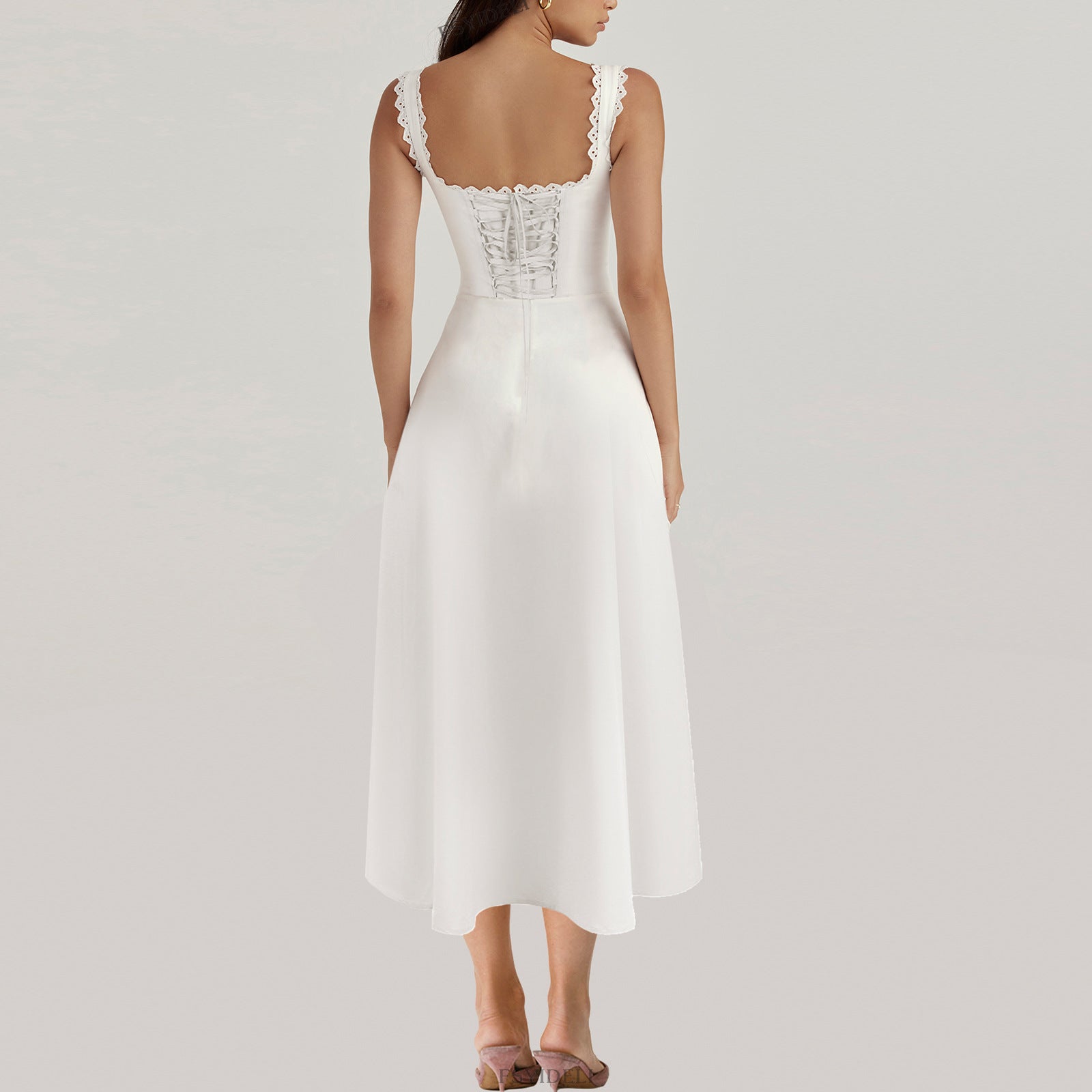 Lace-Trim Corset Midi Dress with Side Slit - Chiccharm