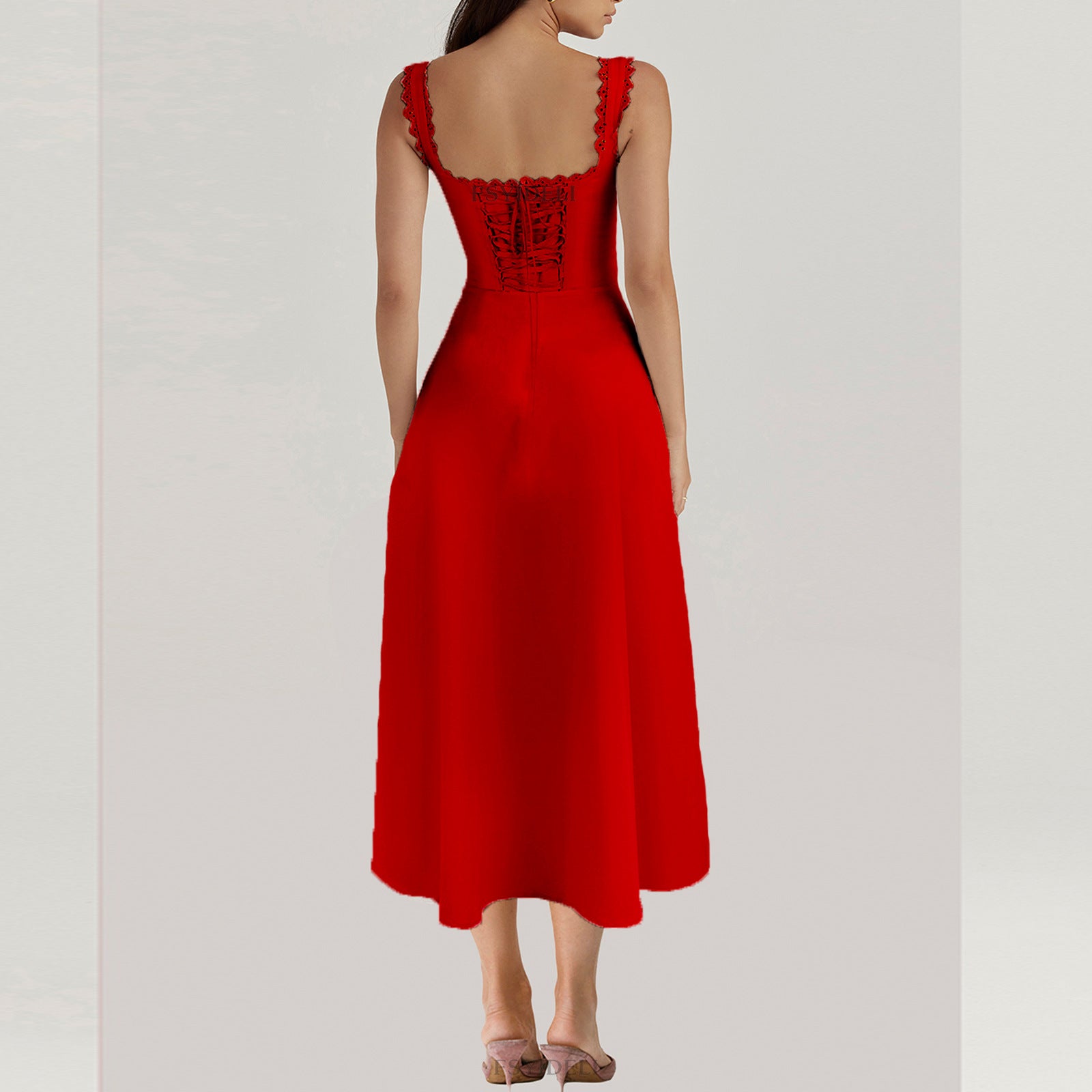 Lace-Trim Corset Midi Dress with Side Slit - Chiccharm