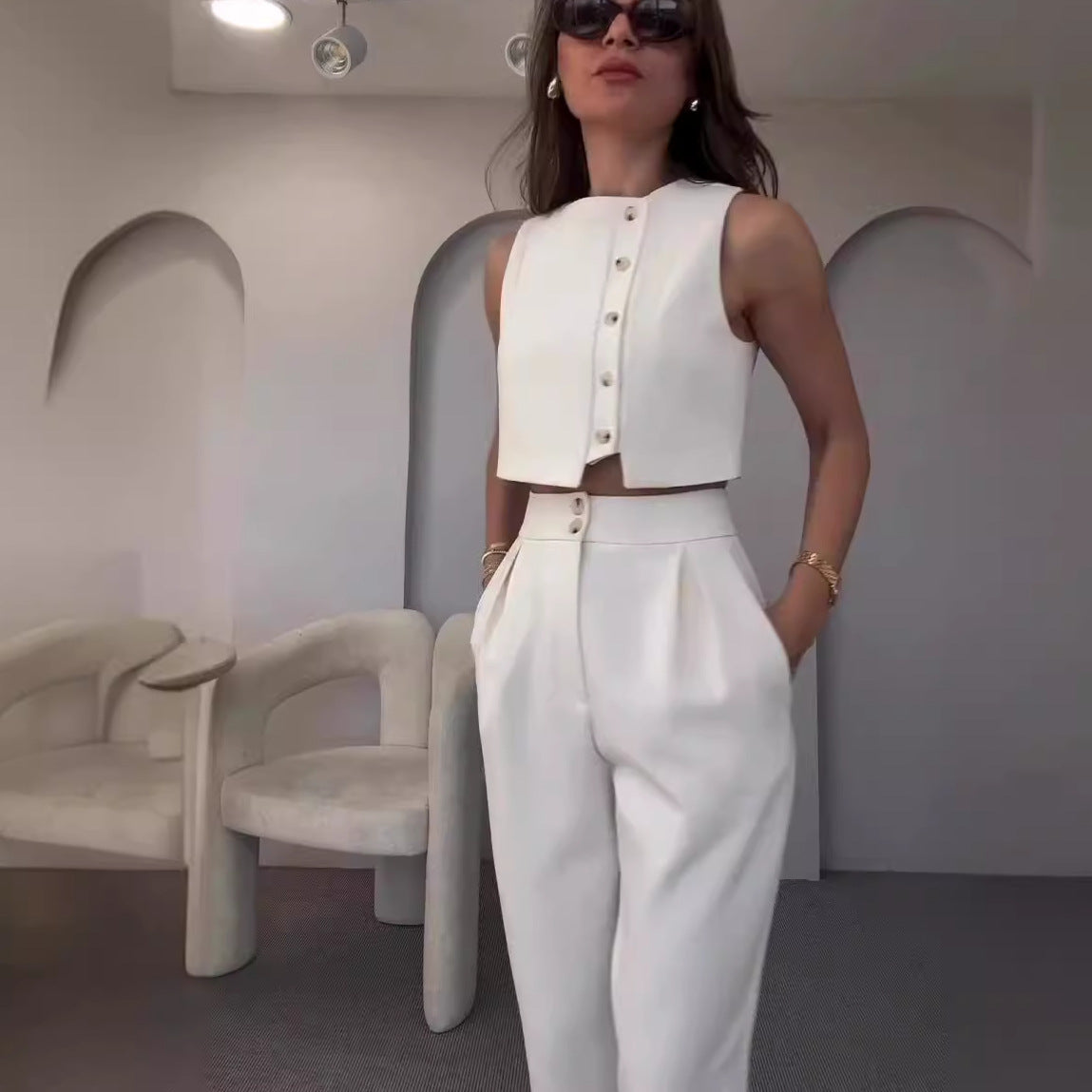 Asymmetrical Buttoned Crop Top Suit - Chiccharm