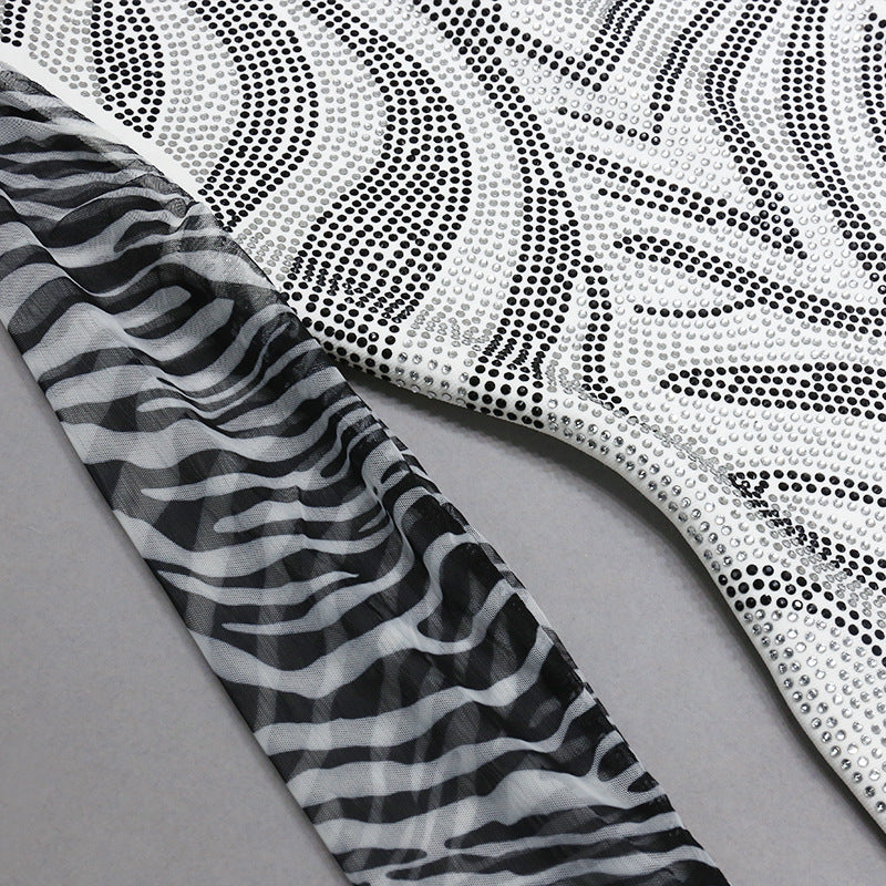One-Shoulder Zebra Pattern Mesh Gown with Embellishments