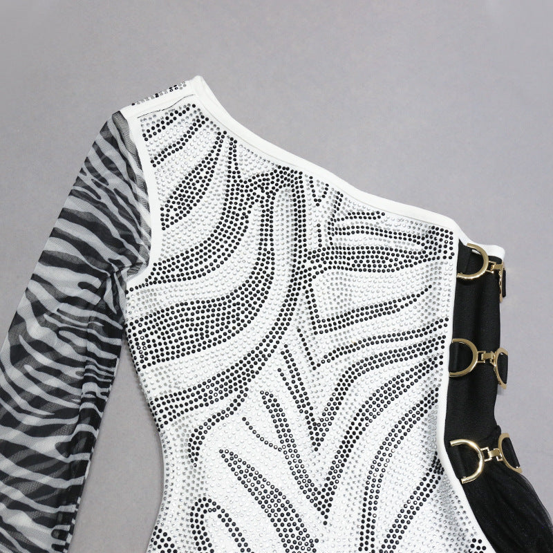 One-Shoulder Zebra Pattern Mesh Gown with Embellishments