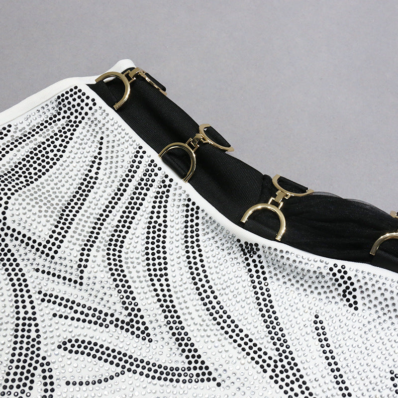 One-Shoulder Zebra Pattern Mesh Gown with Embellishments