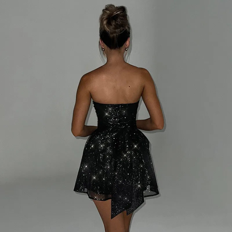 Glittery Strapless Mini Dress with a Bow - Chiccharm