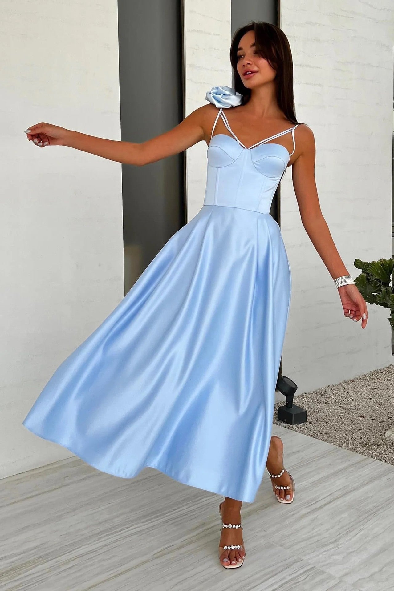 Elegant Midi Dress with Flower Shoulder Accent - Chiccharm