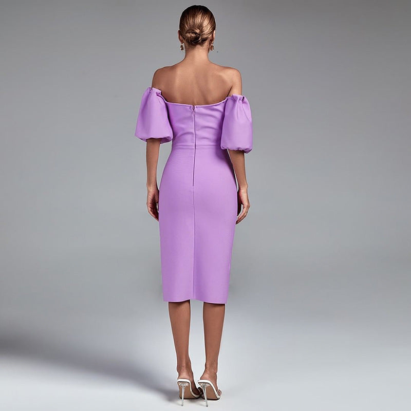 Off-Shoulder Ruched Midi Dress with Statement Sleeves - Chiccharm