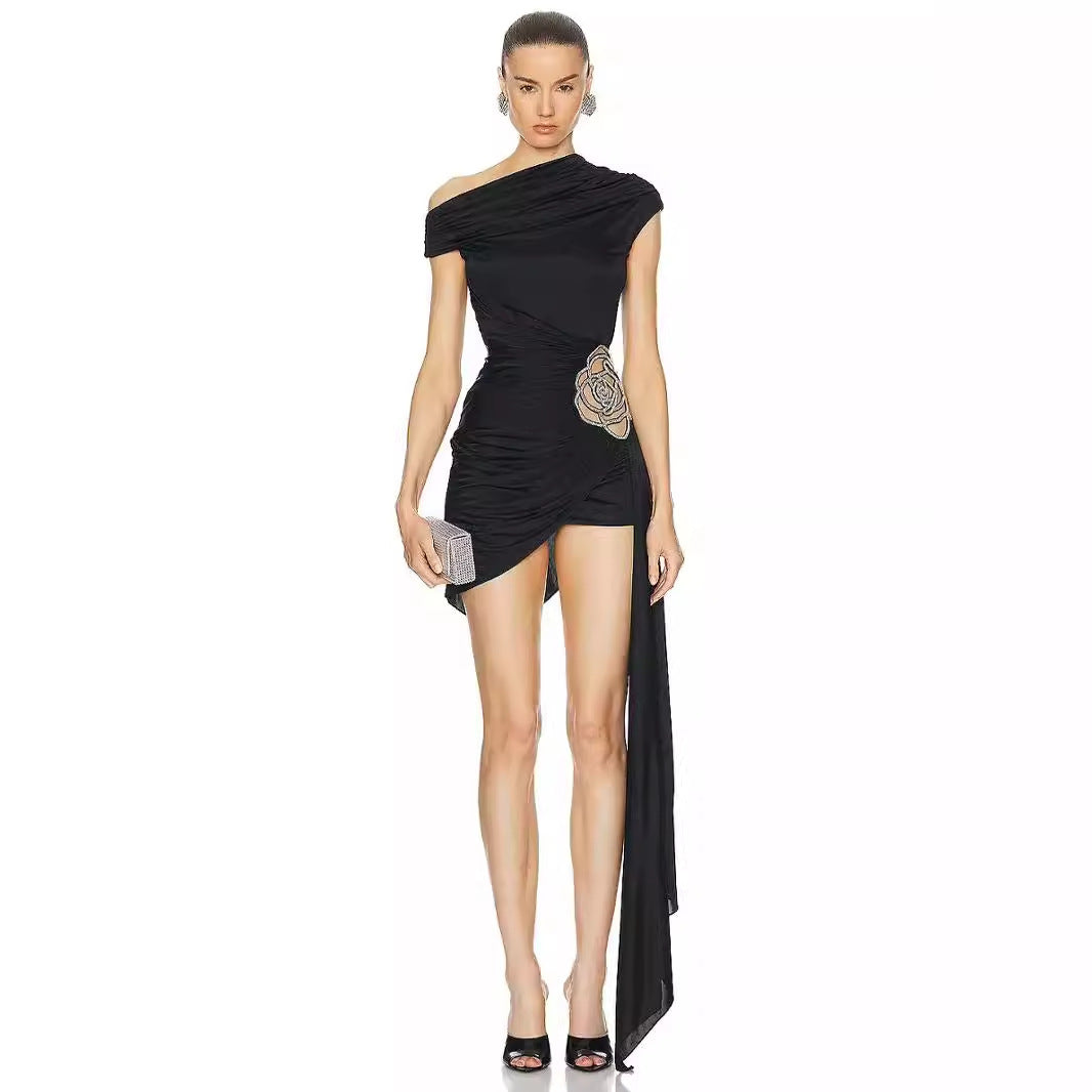 One-Shoulder Ruched Mini Dress with Embellishment - Chiccharm