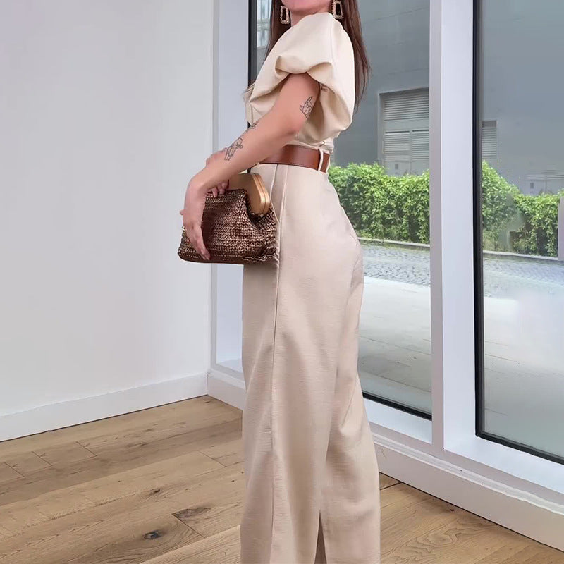 Off-Shoulder Puff Sleeve Straight Jumpsuit