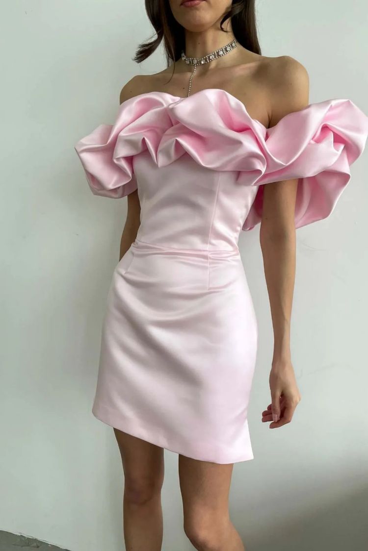 Off-Shoulder Ruffled Satin Mini Dress - Chiccharm