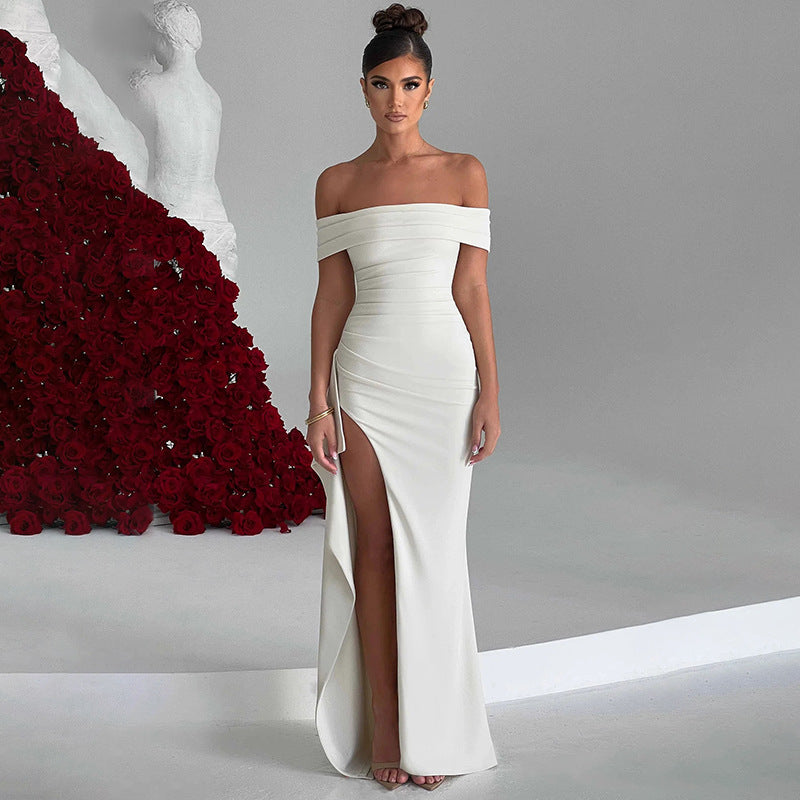 Off-Shoulder Ruched Slit Evening Gown - Chiccharm