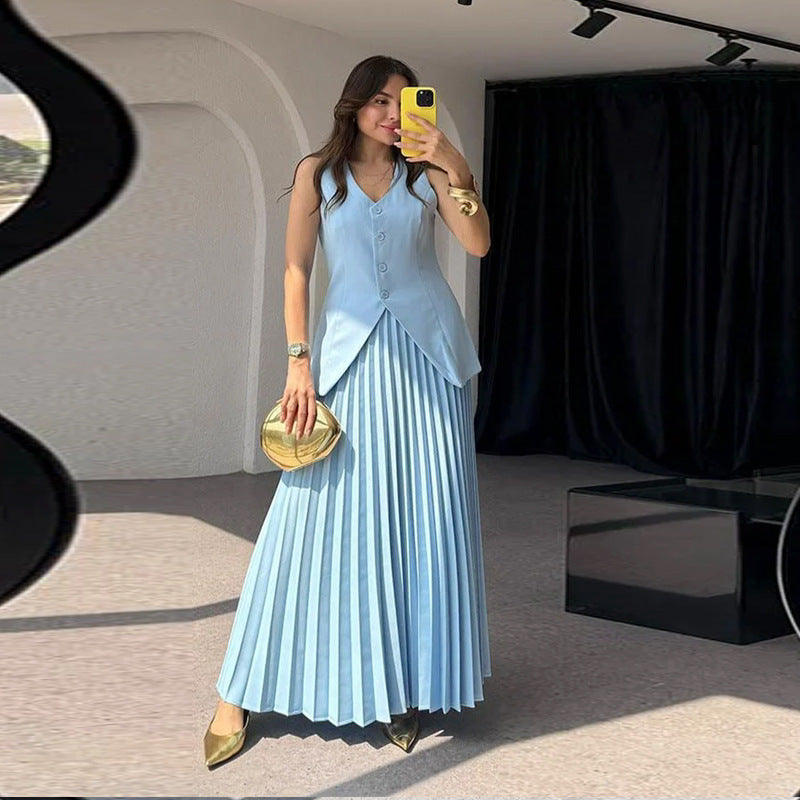 Vest with Maxi Pleated Skirt Two-piece Set - Chiccharm