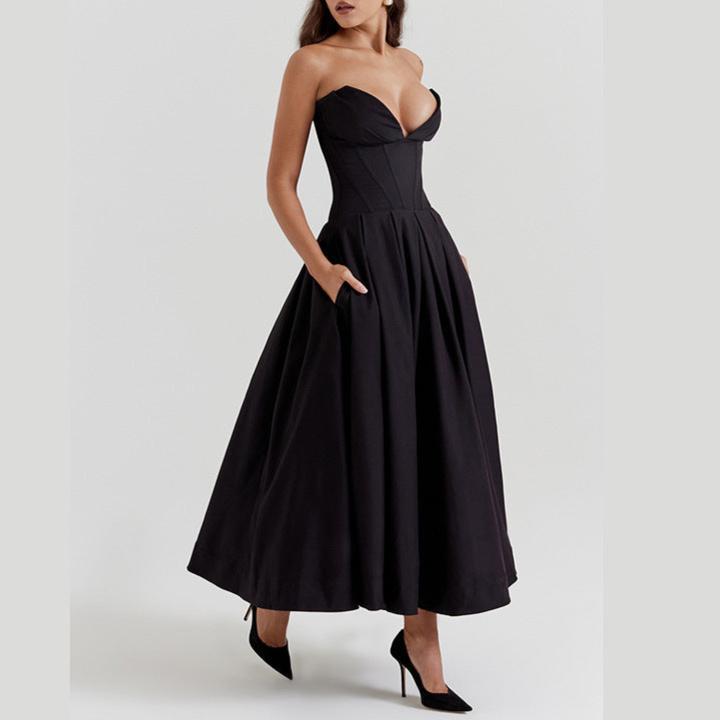 Strapless Corset Midi Ball Gown with Pockets - Chiccharm
