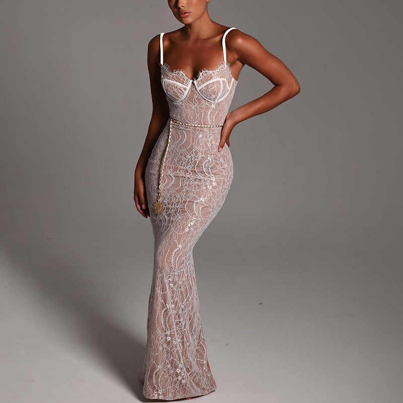Lace Splicing Sling Long Dress