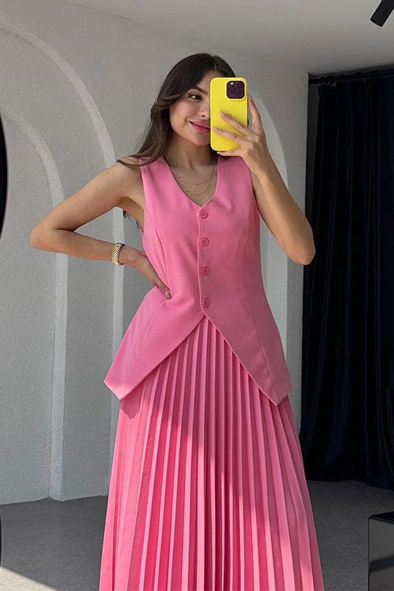 Vest with Maxi Pleated Skirt Two-piece Set - Chiccharm