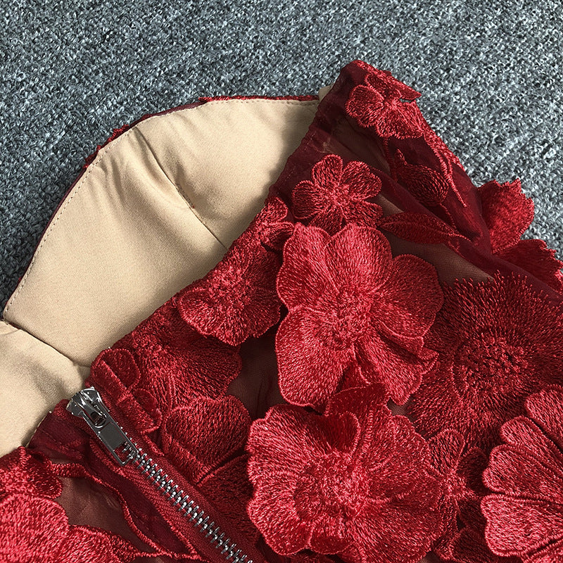 Strapless Floral Lace Midi Dress