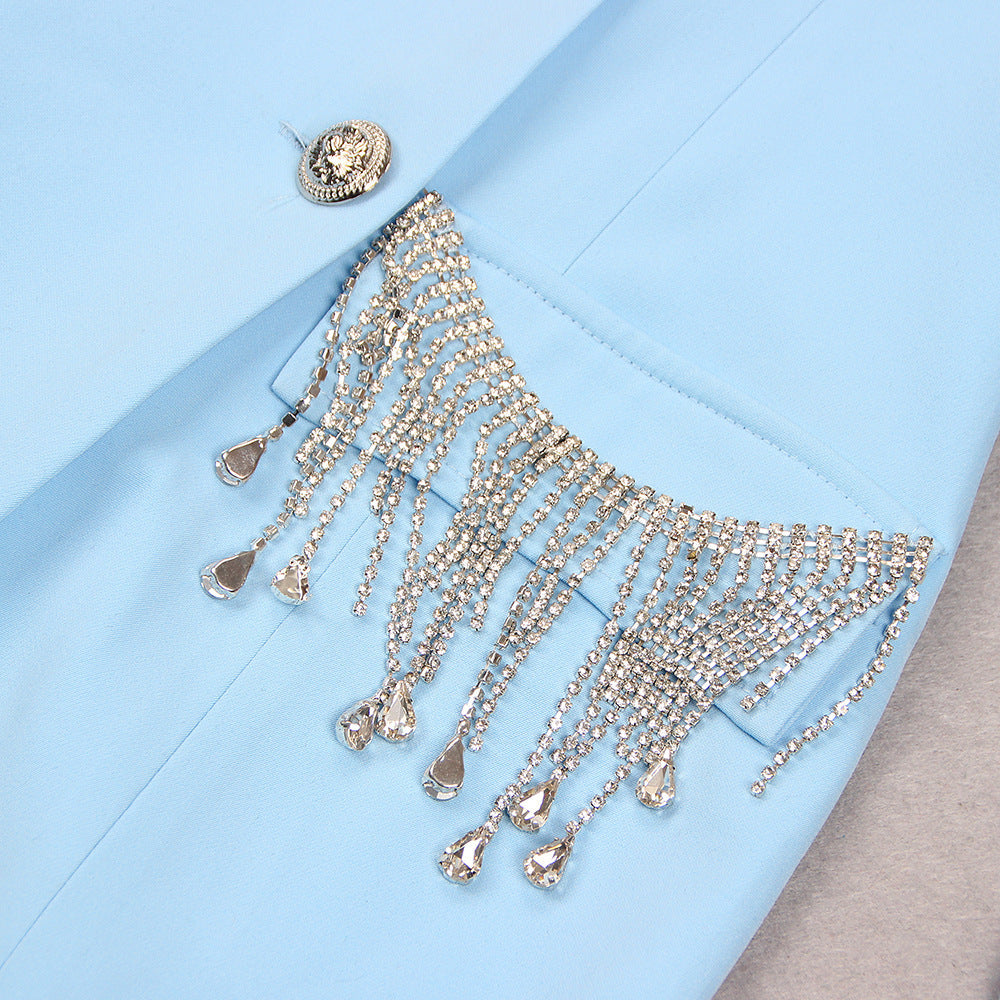 Double-Breasted Crystal Accent Blazer Dress - Chiccharm