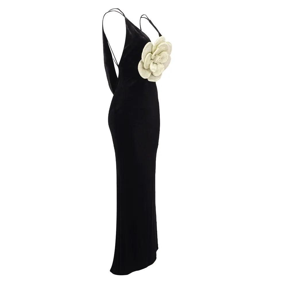 Velvet Gown with Gold Floral Accent