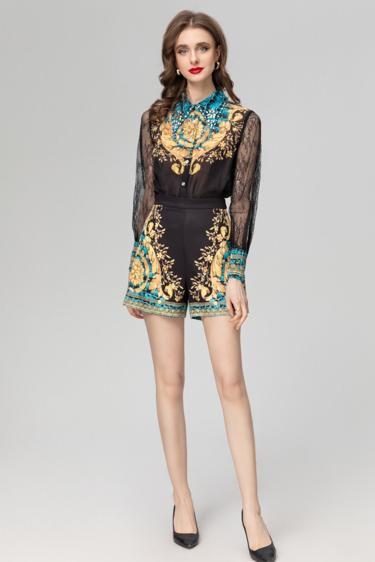 Baroque Print Long Sleeve Top Shorts Suit - Chiccharm