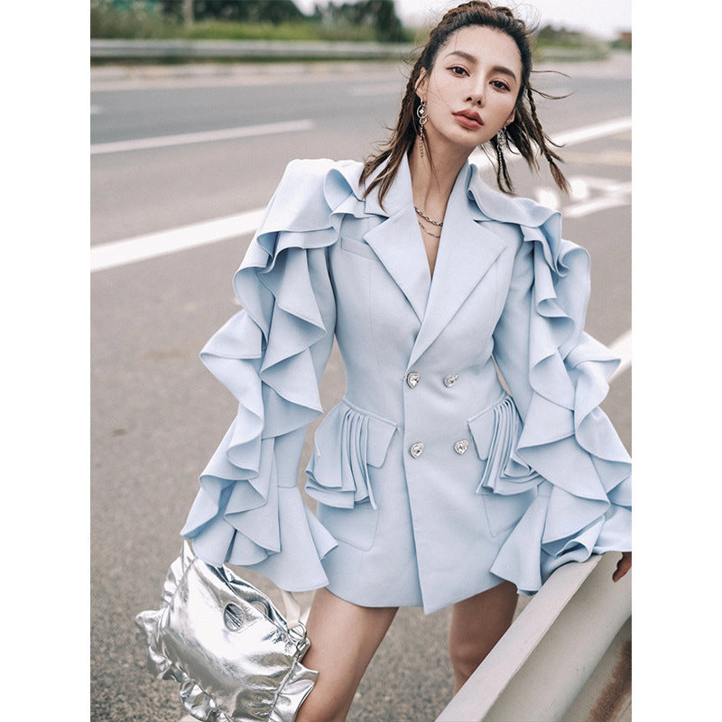 Statement Ruffle-Sleeve Double-Breasted Blazer Dress - Chiccharm