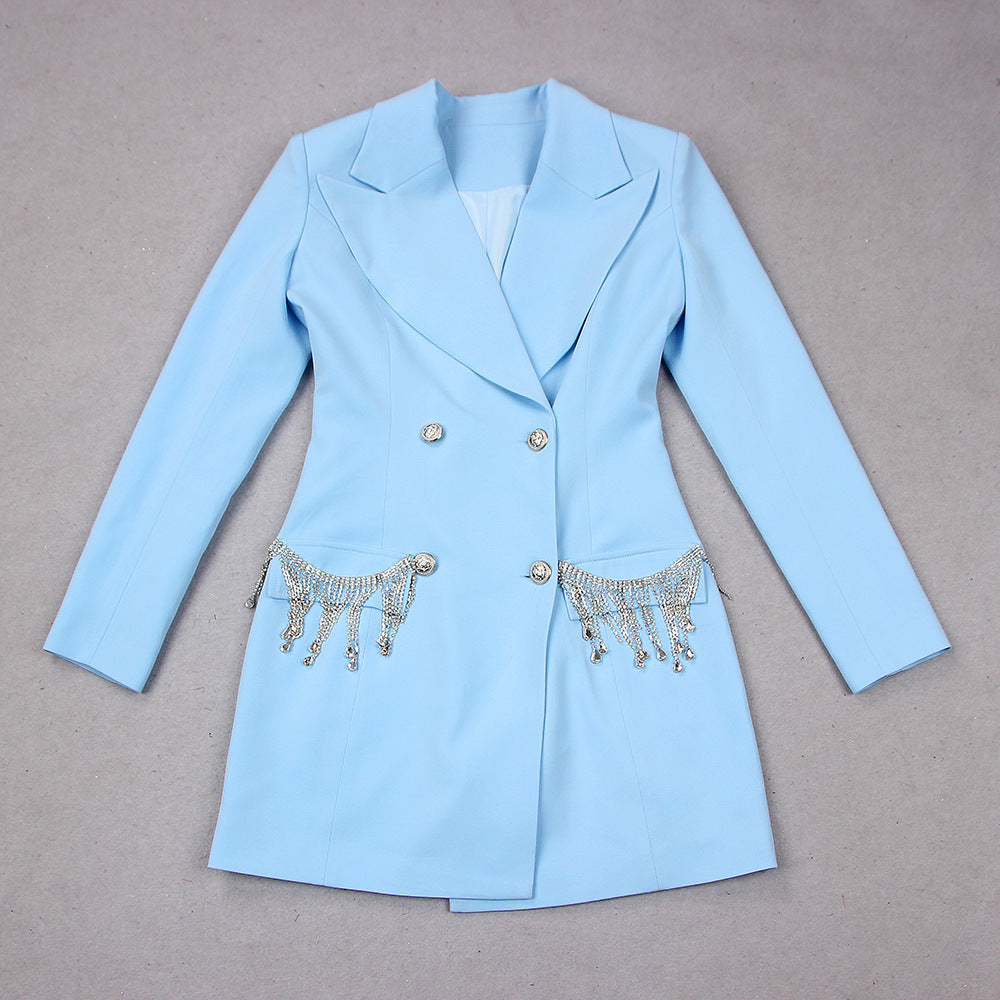 Double-Breasted Crystal Accent Blazer Dress - Chiccharm