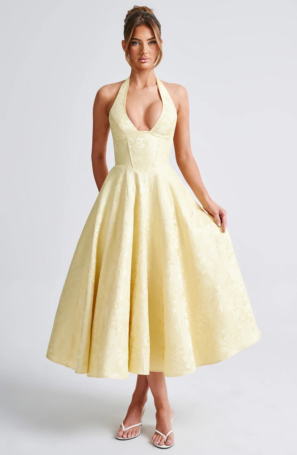 Halter-Neck Vintage Jacquard Midi Dress