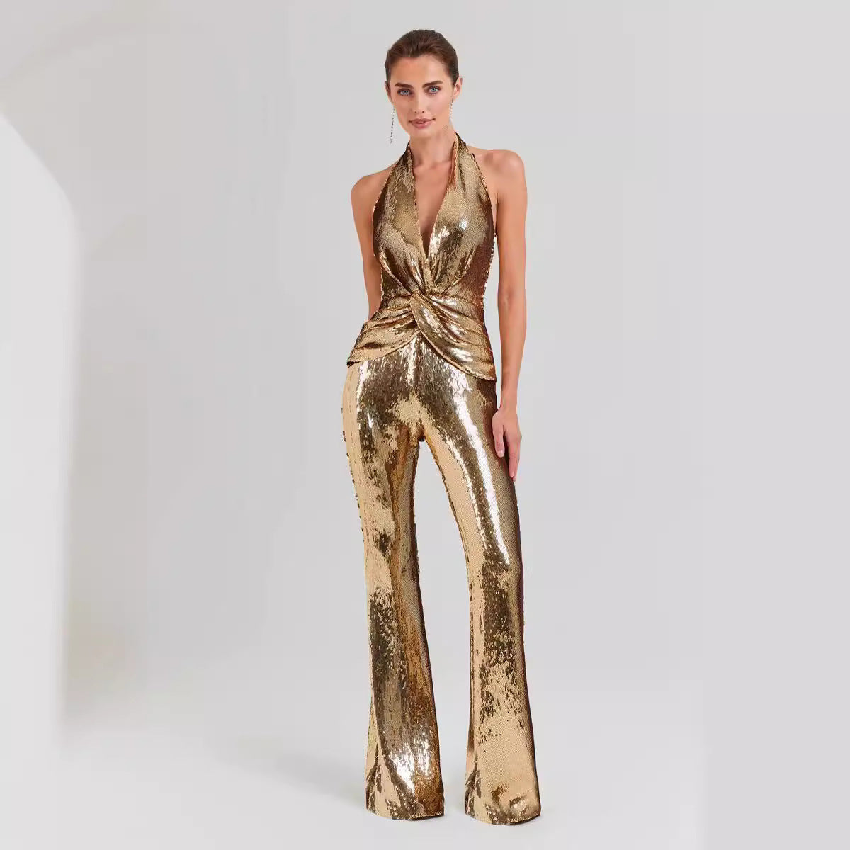 Backless Gold Sequined Jumpsuit