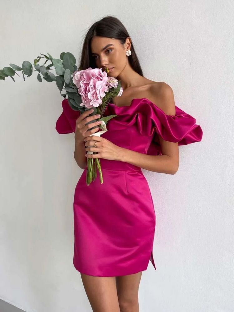 Off-Shoulder Ruffled Satin Mini Dress - Chiccharm