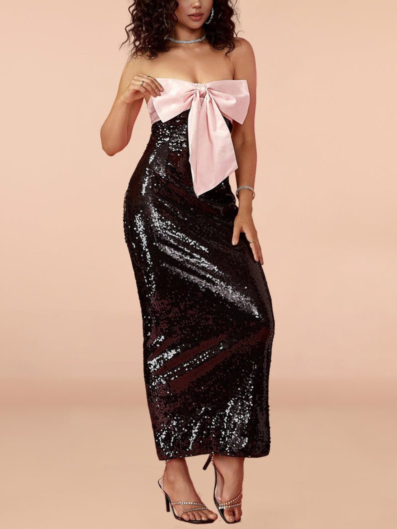 Sequin Gown with Bow Accent