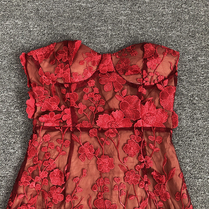 Strapless Floral Lace Midi Dress