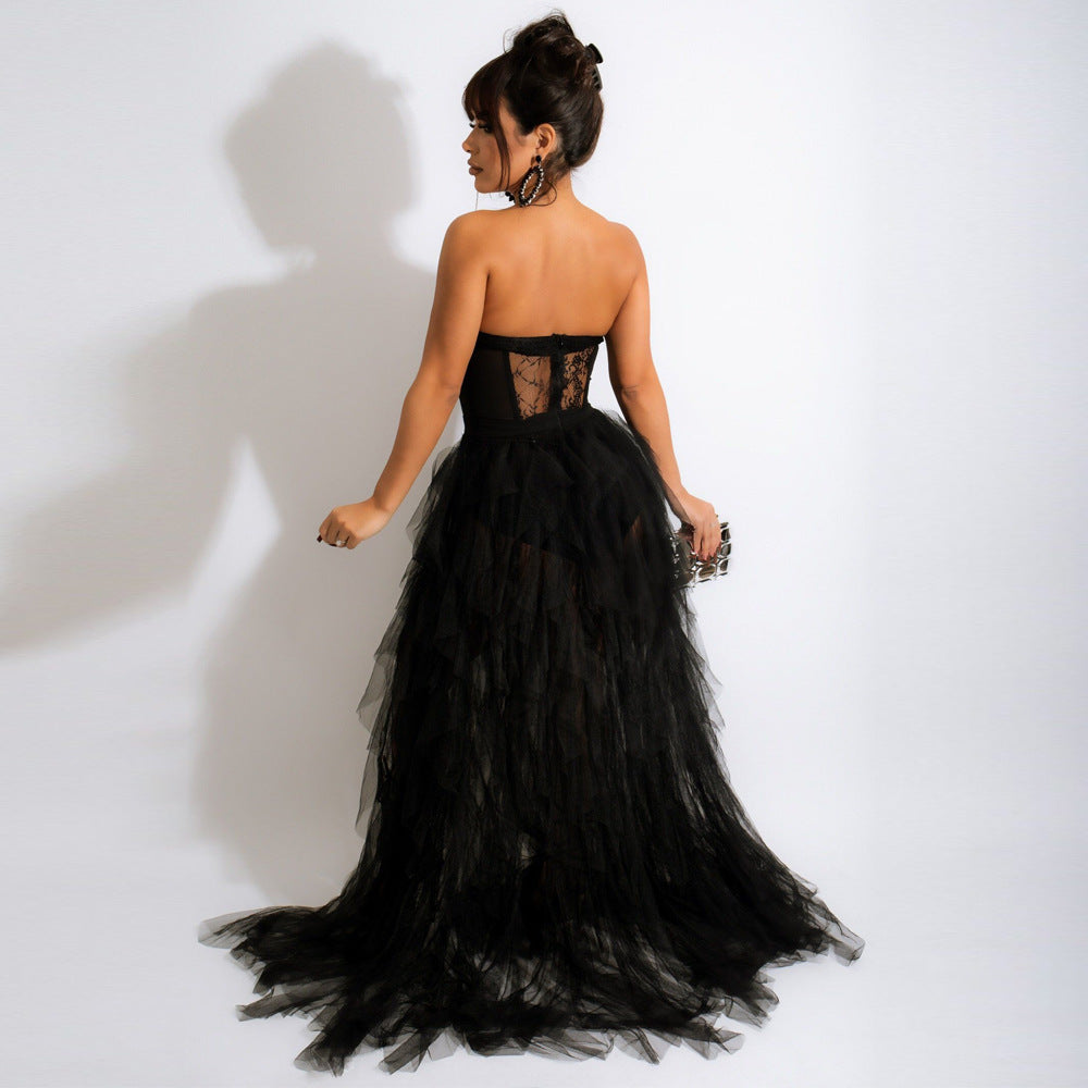 Strapless Lace Corset Tulle Dress with Slit - Chiccharm