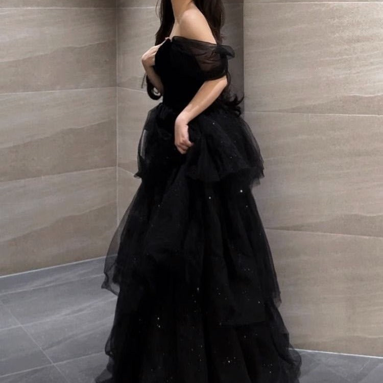 Off-Shoulder Layered Tulle Gown - Chiccharm