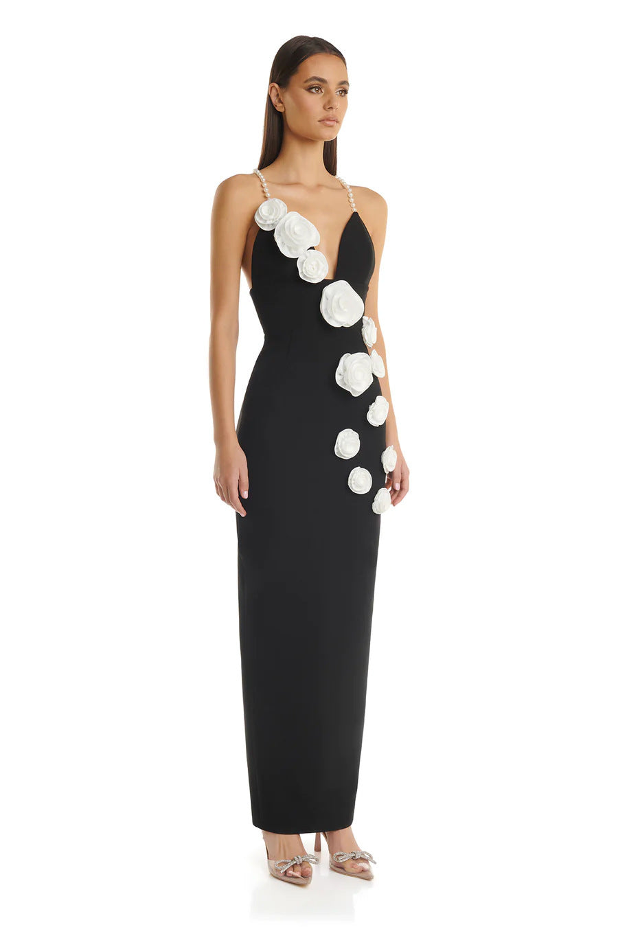 Pearl Suspender Flowers Slit Dress