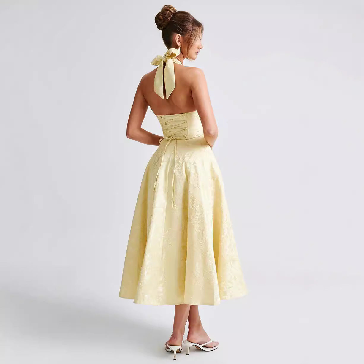 Halter-Neck Vintage Jacquard Midi Dress