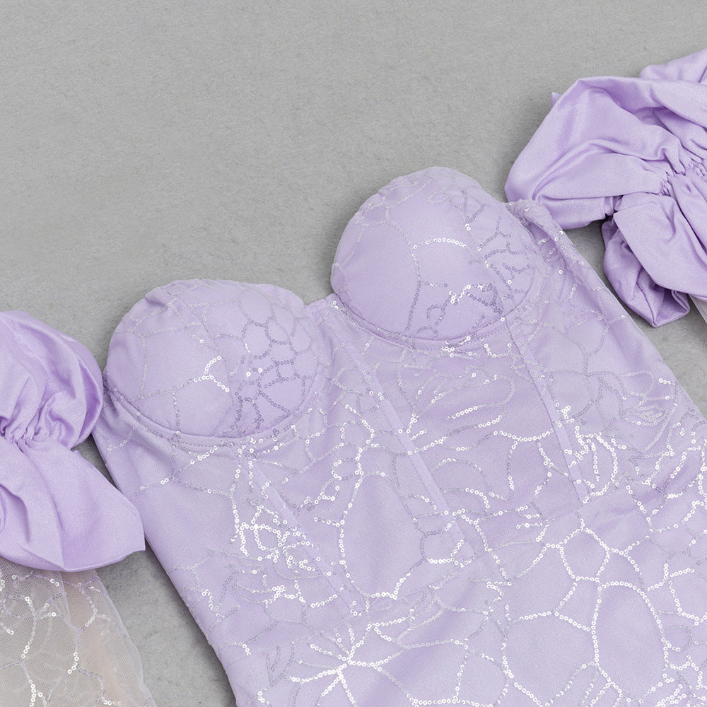 Elegant Lavender Floral Sleeve Mermaid Gown
