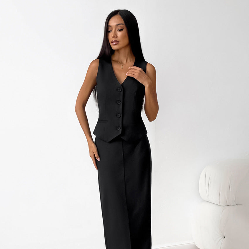 Sleeveless Buttoned Long Skirt Suit - Chiccharm